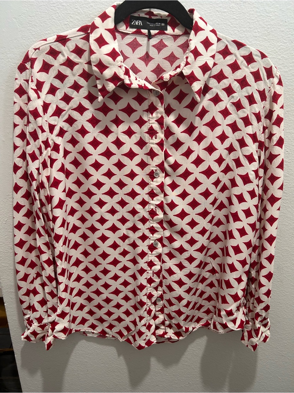Zara Red and White Geometric Print Button-Down Shirt